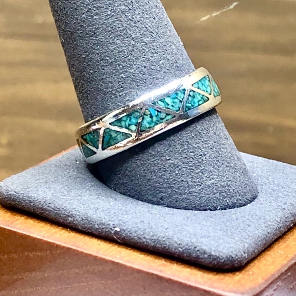 Crushed Turquoise Mosaic Inlay Sterling Silver Southwestern Ring Size 11 - Picture 3 of 17